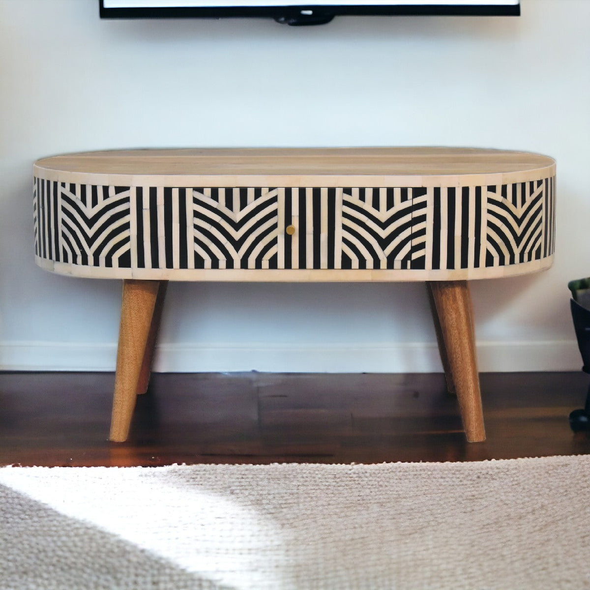 Bone Inlay Coffee Table in oak-ish finish, front view