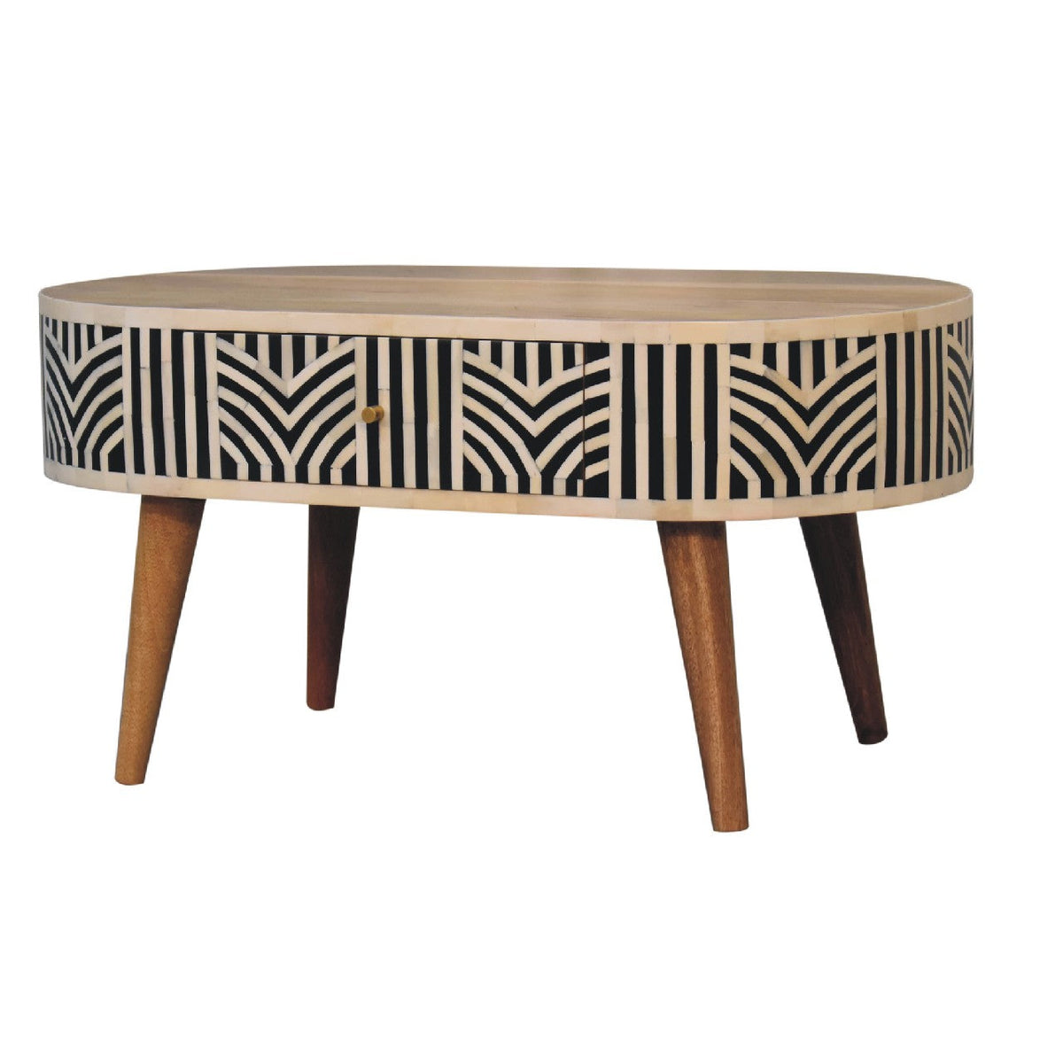 Close-up of the Bone Inlay Coffee Table's bone inlay drawer detail