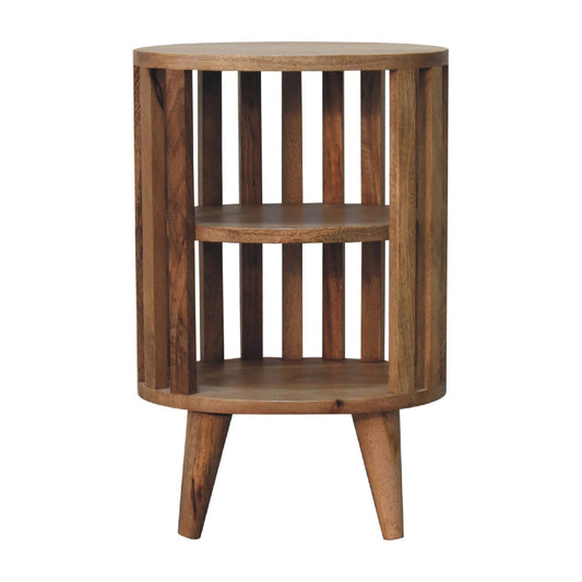 Open Fringed Mini Shelf Table, angled view showing solid mango wood grain