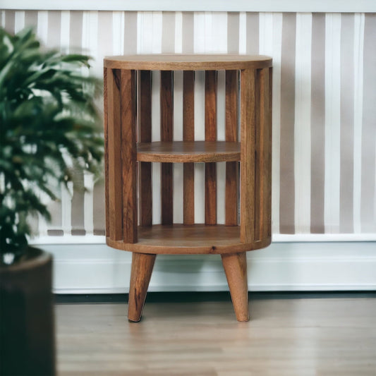 Open Fringed Mini Shelf Table in oak-ish finish, front view with two open shelves