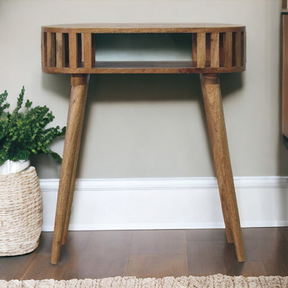 Fringed Open Console Table in oak-ish finish, front view