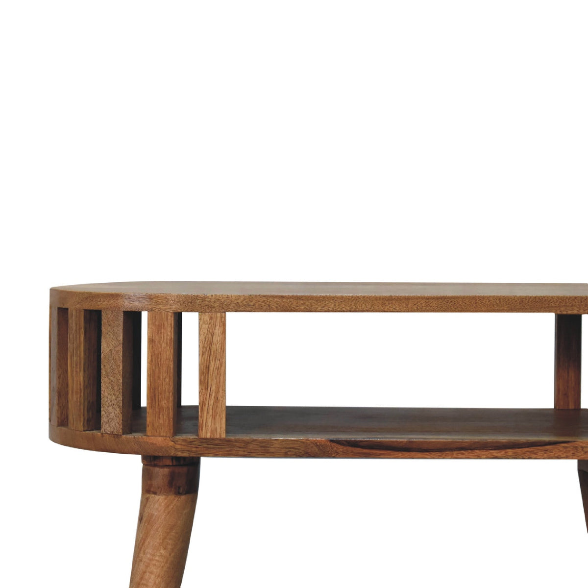 Detail view of the Fringed Open Console Table's solid mango wood grain