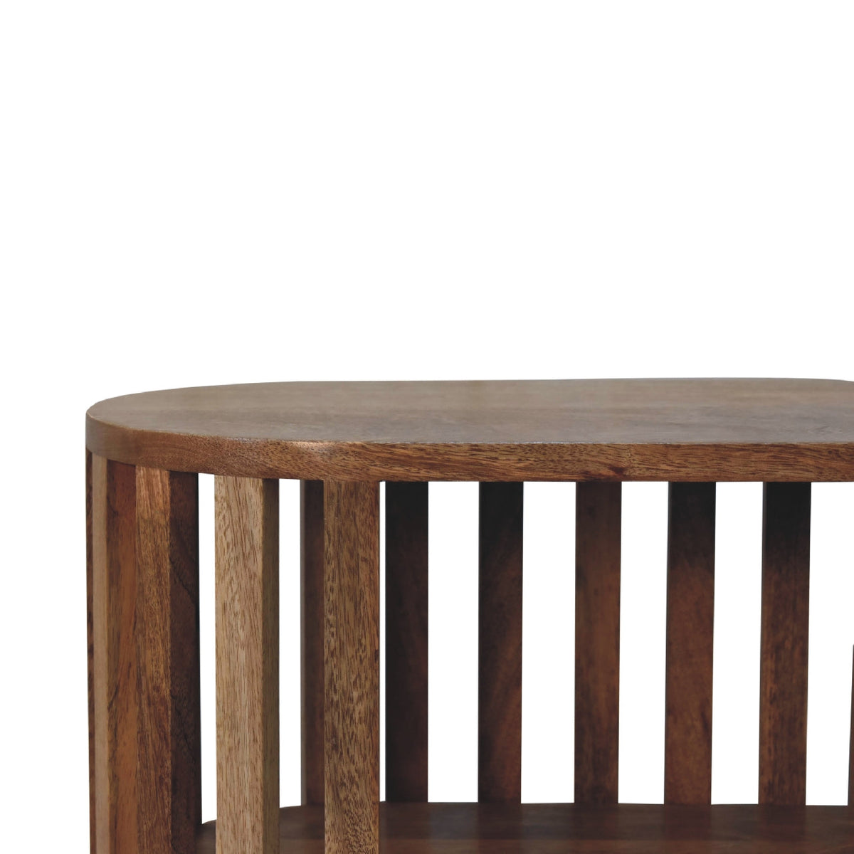 Open Fringed Shelf Table styled in a living room setting