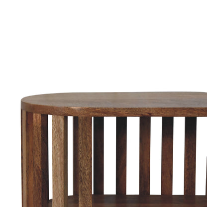 Open Fringed Shelf Table styled in a living room setting