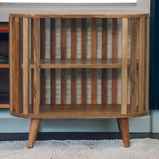 Open Fringed Shelf Table in oak-ish finish, front view