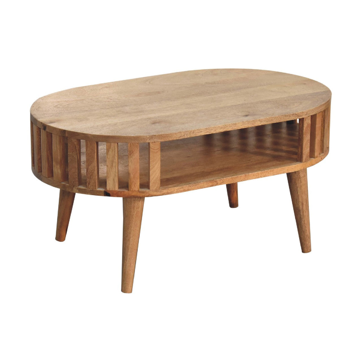 Detail view of the Fringed Open Coffee Table's solid mango wood grain