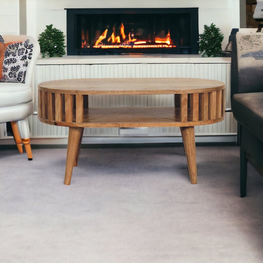 Fringed Open Coffee Table in oak-ish finish, front view