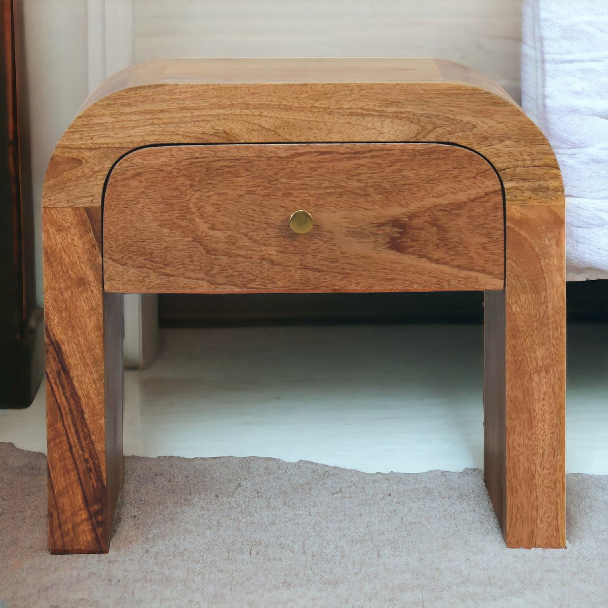 Darcy Bedside Table in solid mango wood, front view