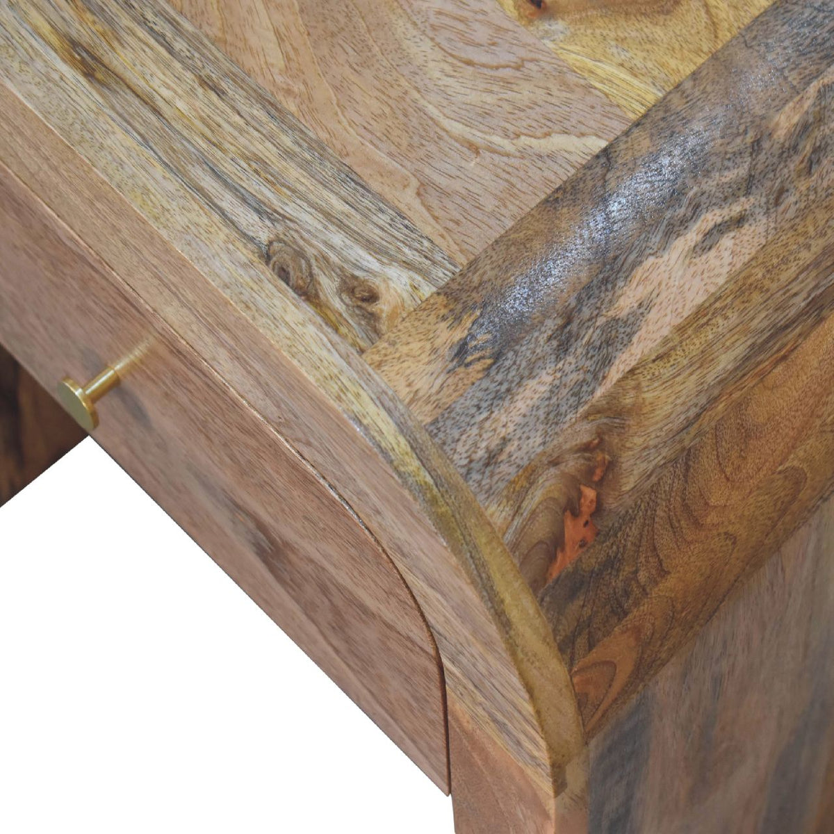 Detail view of the Darcy Bedside Table's solid mango wood grain