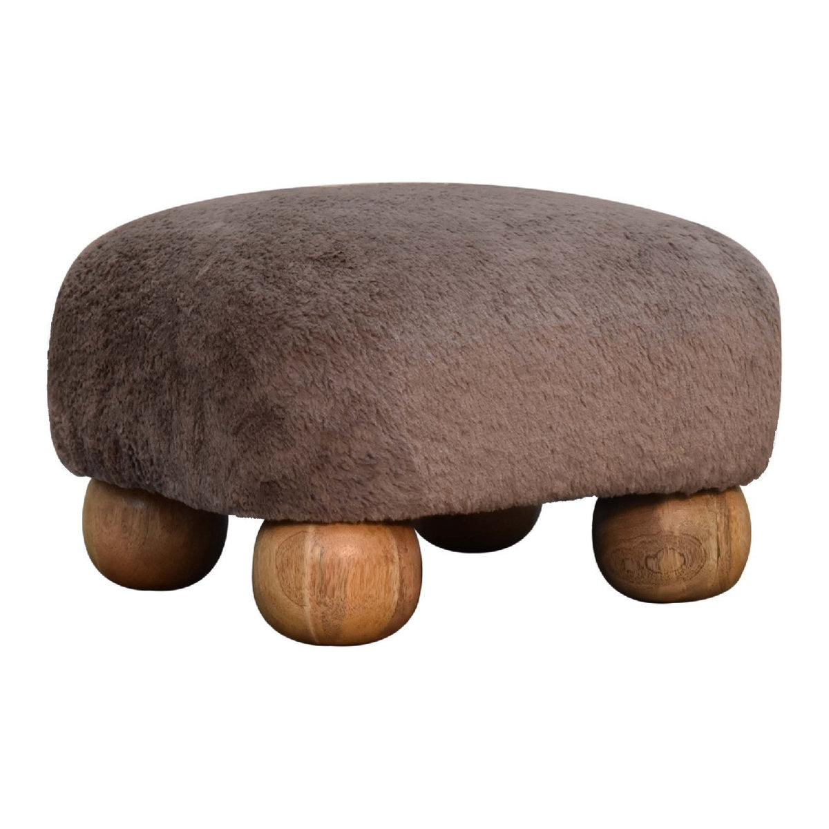 Close-up of the Faux Fur Nordic Footstool's plush mocha fabric