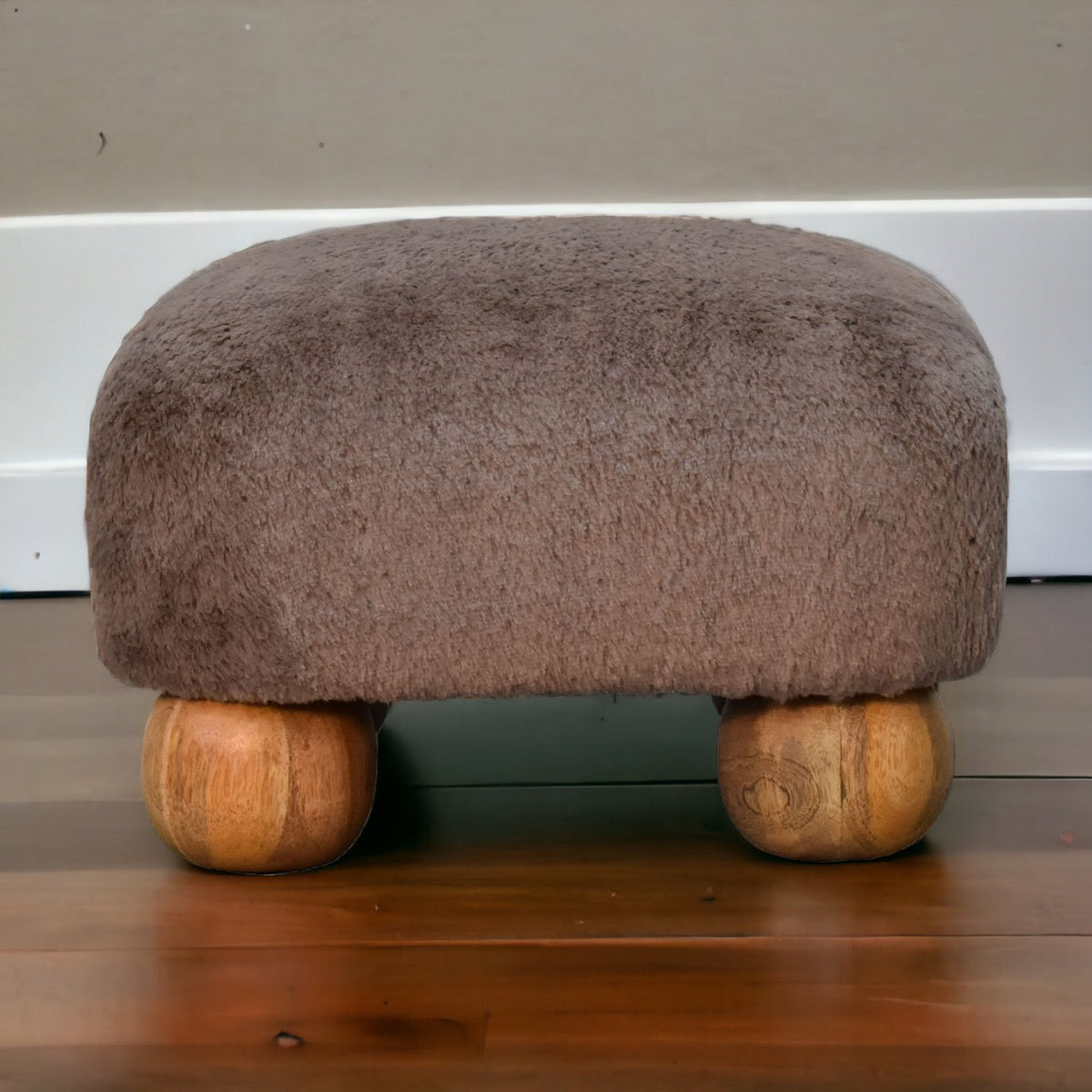 Faux Fur Nordic Footstool in mocha faux fur, front view