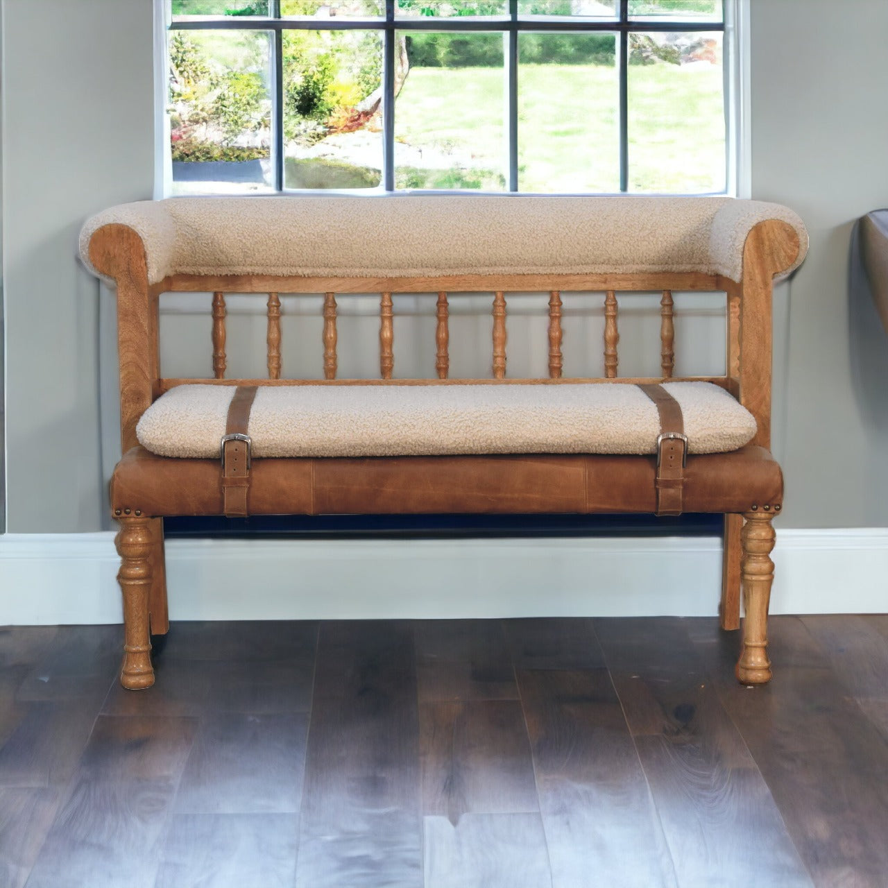 Boucle Leather Strapped Hallway Bench