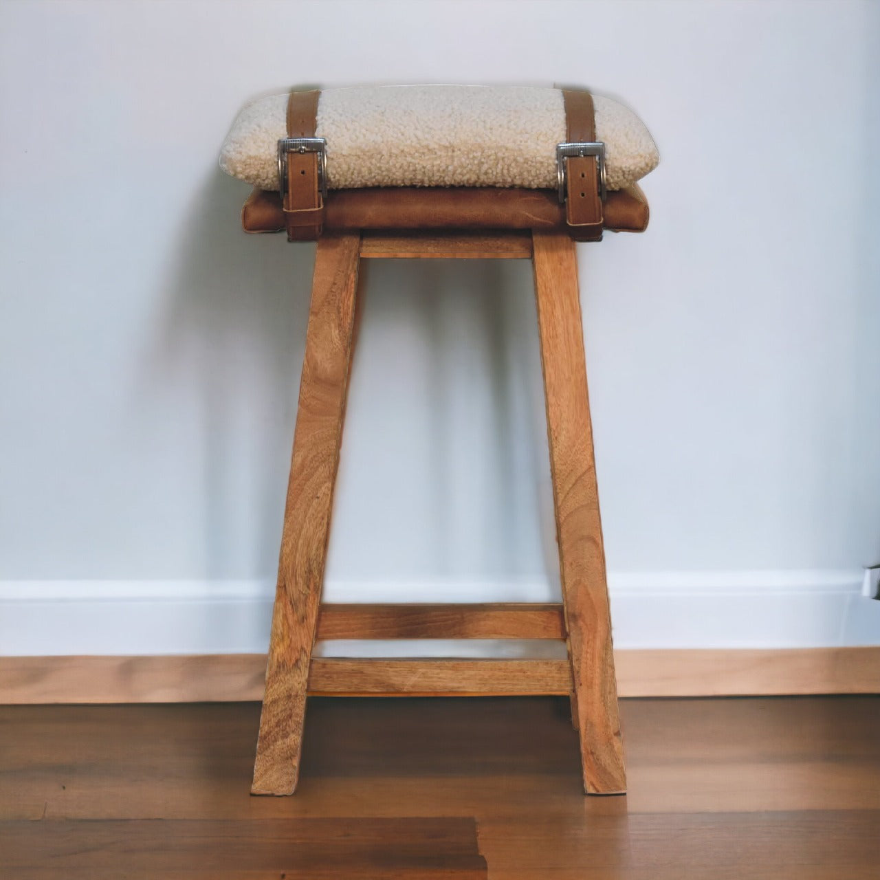 Boucle Leather Strapped Bar Stool