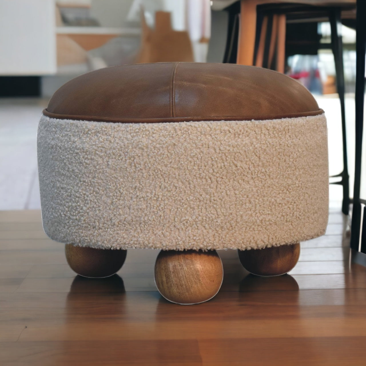 Boucle Leather Footstool with Ball Feet