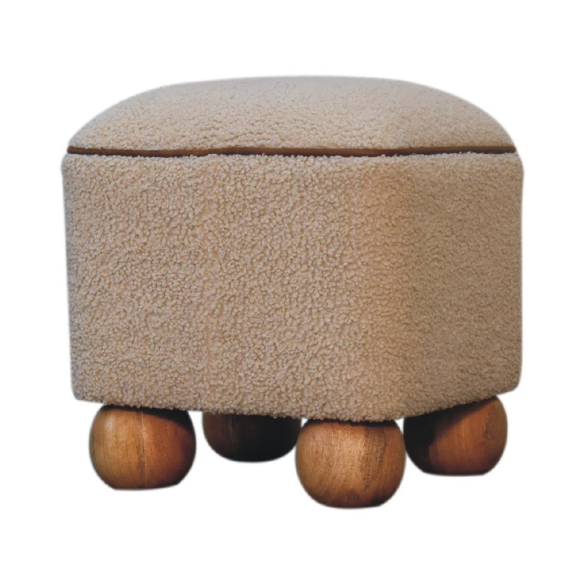 Boucle Footstool with Ball Feet, side profile showing oak-ish wood ball feet