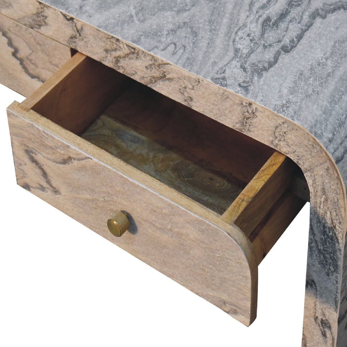 Detail view of the Marble Wood Media Unit's marble effect veneer texture