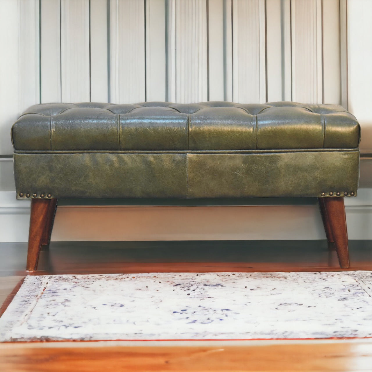 Olive Green Leather Bench