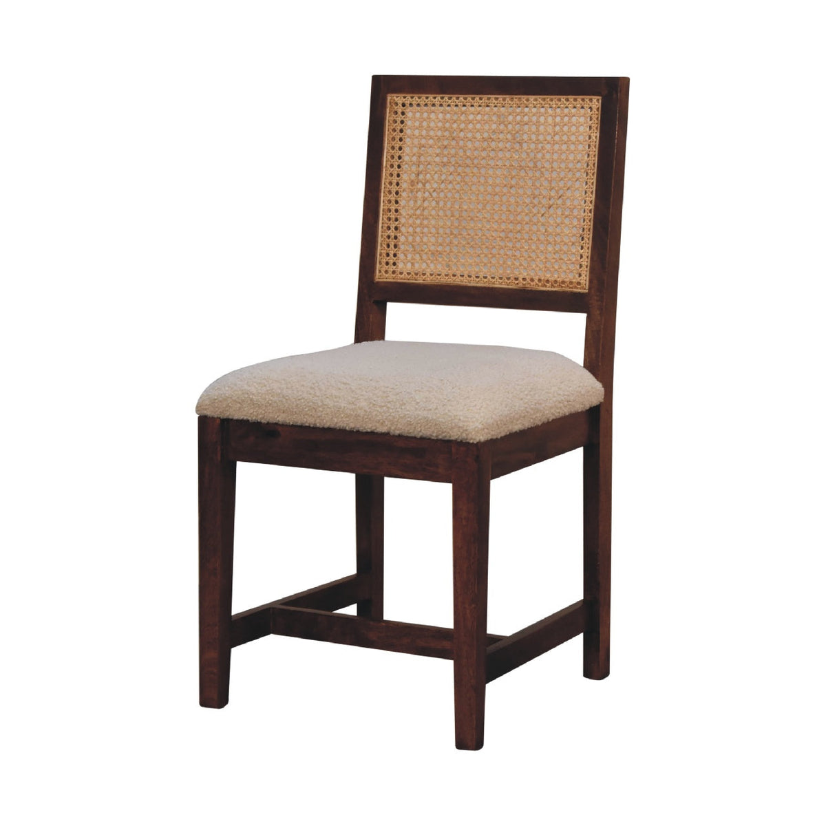 Close-up of the Cream Boucle Rattan Chair's woven rattan back