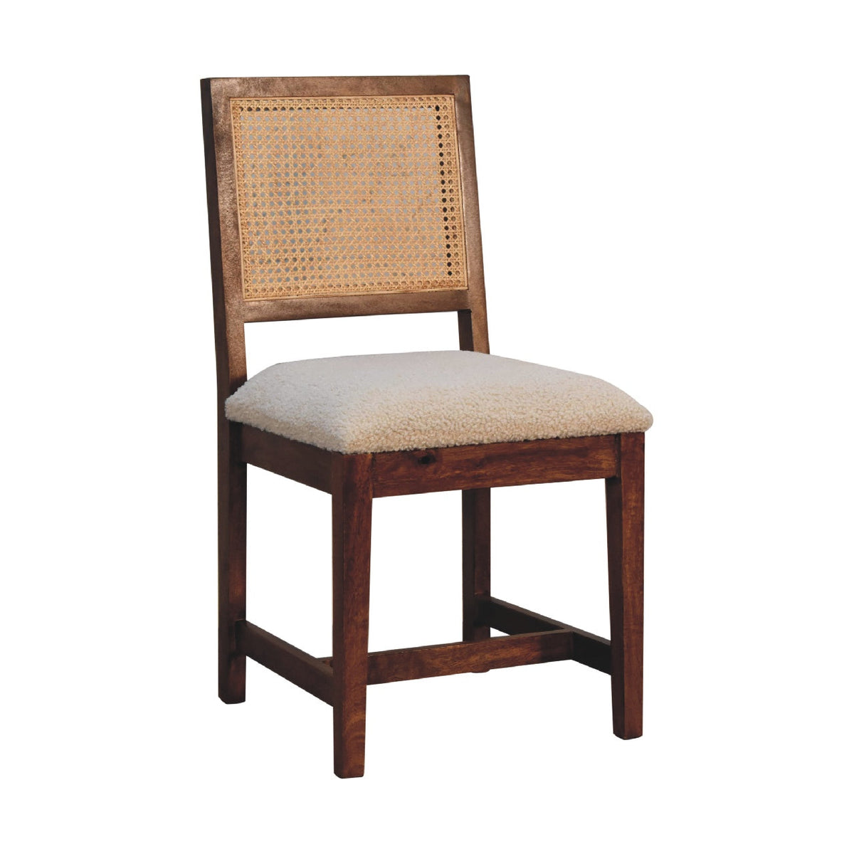 Cream Boucle Rattan Chair, side profile showing chestnut wood legs