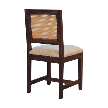 Cream Boucle Rattan Chair, close-up of wood leg joinery