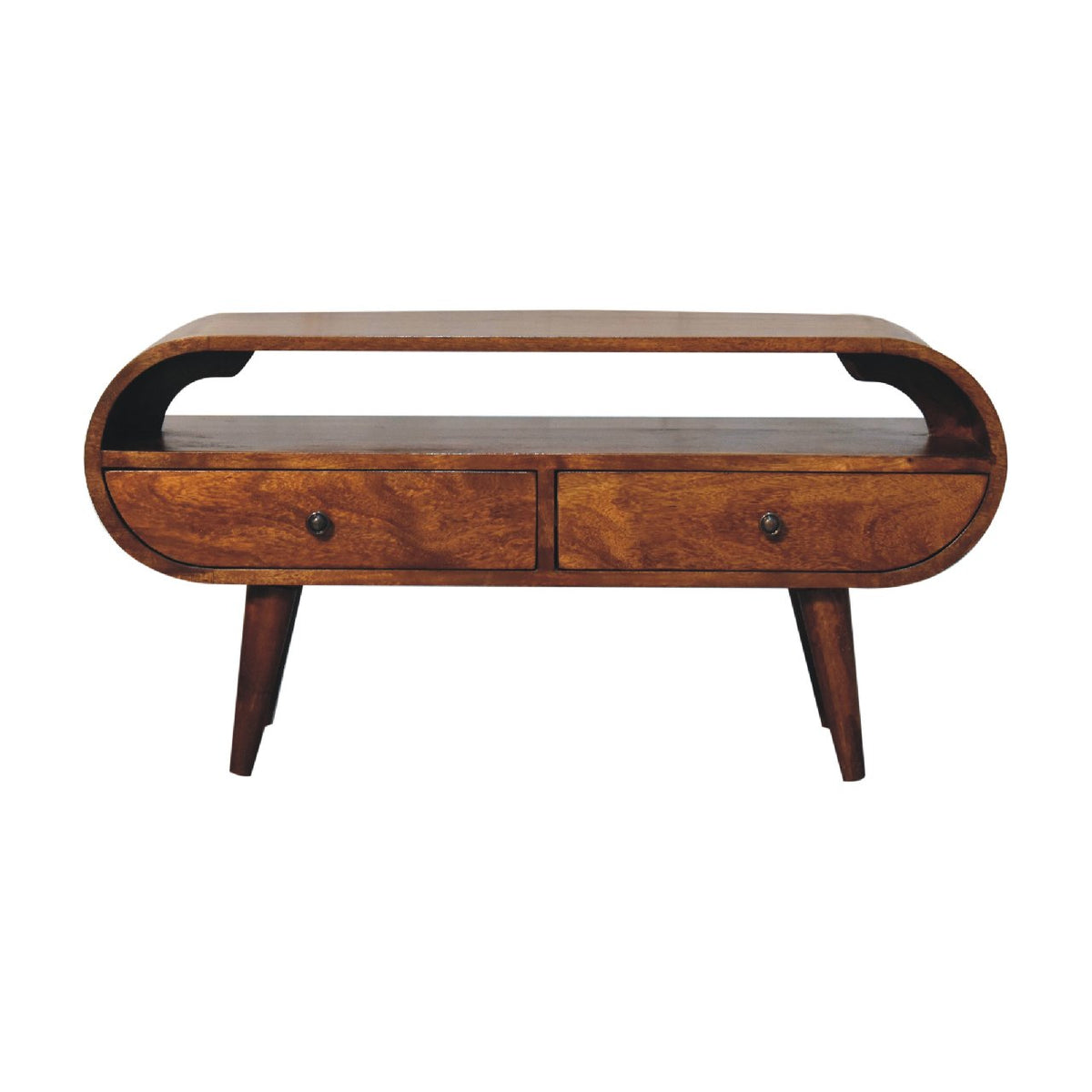 Chestnut Circular TV Stand styled in a living room setting