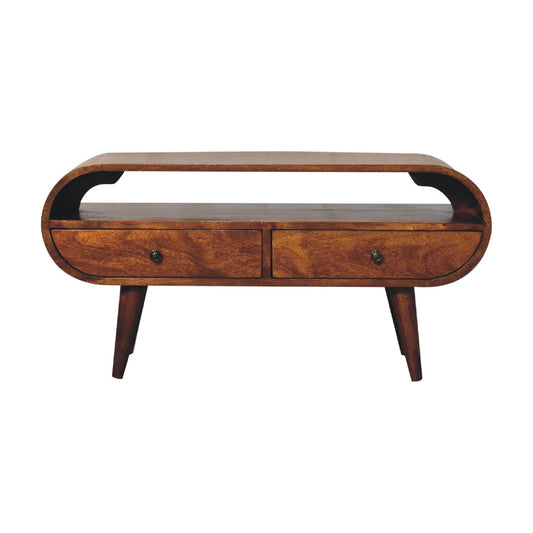Chestnut Circular TV Stand styled in a living room setting