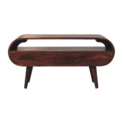 Detail view of the Chestnut Circular TV Stand's solid mango wood grain