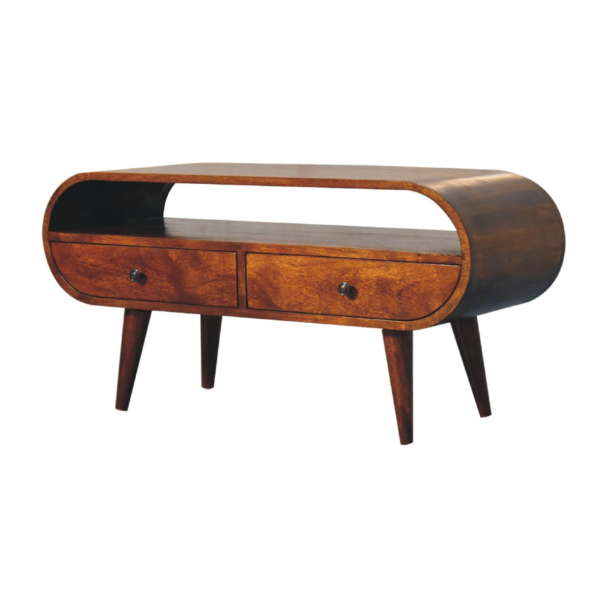 Close-up of the Chestnut Circular TV Stand's drawer knobs and open slot