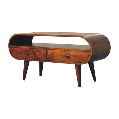 Close-up of the Chestnut Circular TV Stand's drawer knobs and open slot