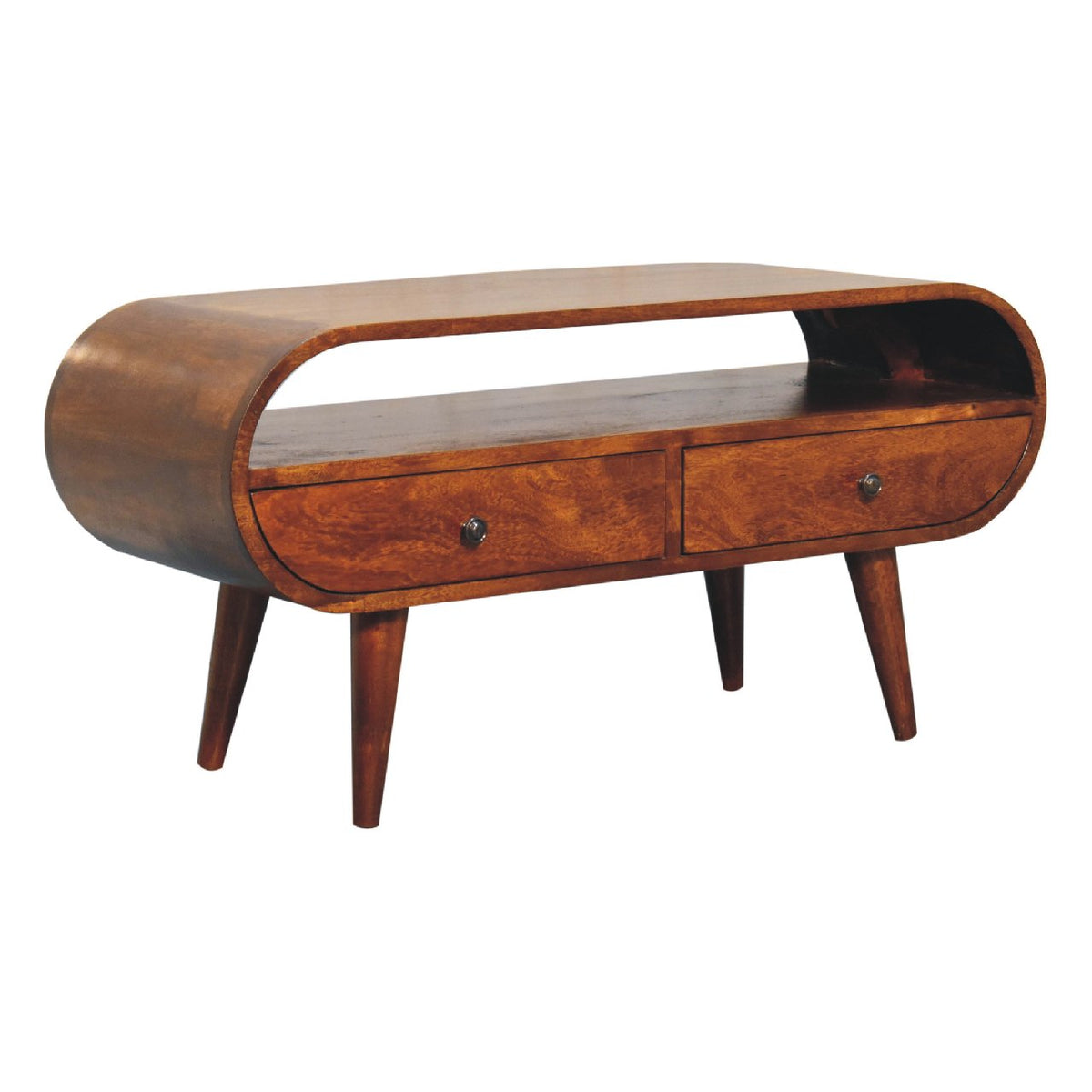 Chestnut Circular TV Stand, side profile showing Nordic-style legs