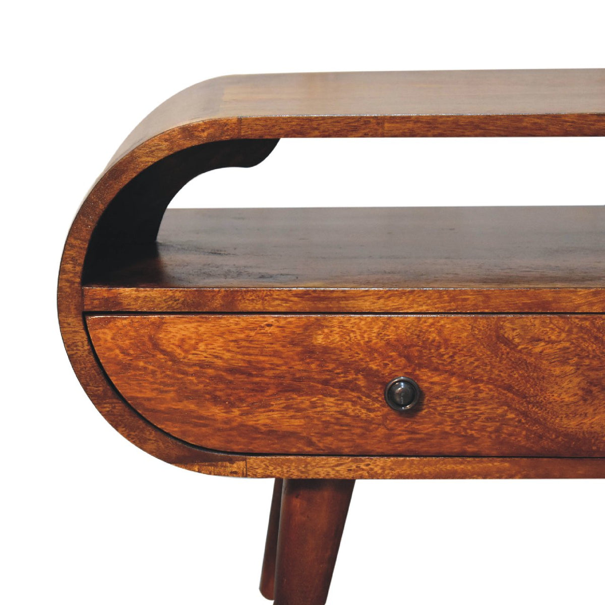 Chestnut Circular TV Stand, drawer open showing storage space