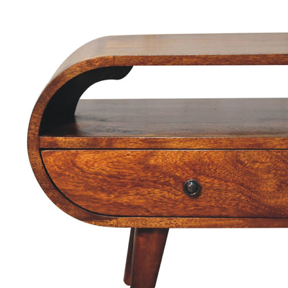 Chestnut Circular TV Stand, drawer open showing storage space