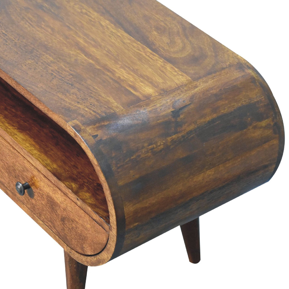 Chestnut Circular TV Stand styled with a television and media devices