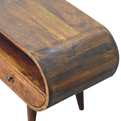 Chestnut Circular TV Stand styled with a television and media devices