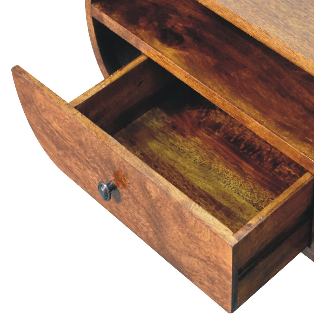 Detail view of the Chestnut Circular TV Stand's curved edges