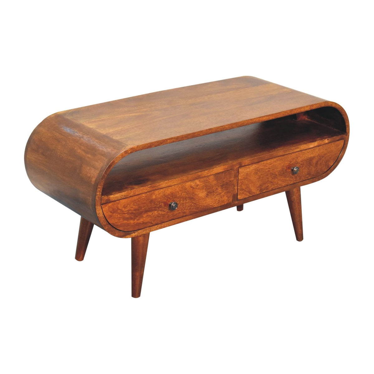Chestnut Circular TV Stand, top-down view