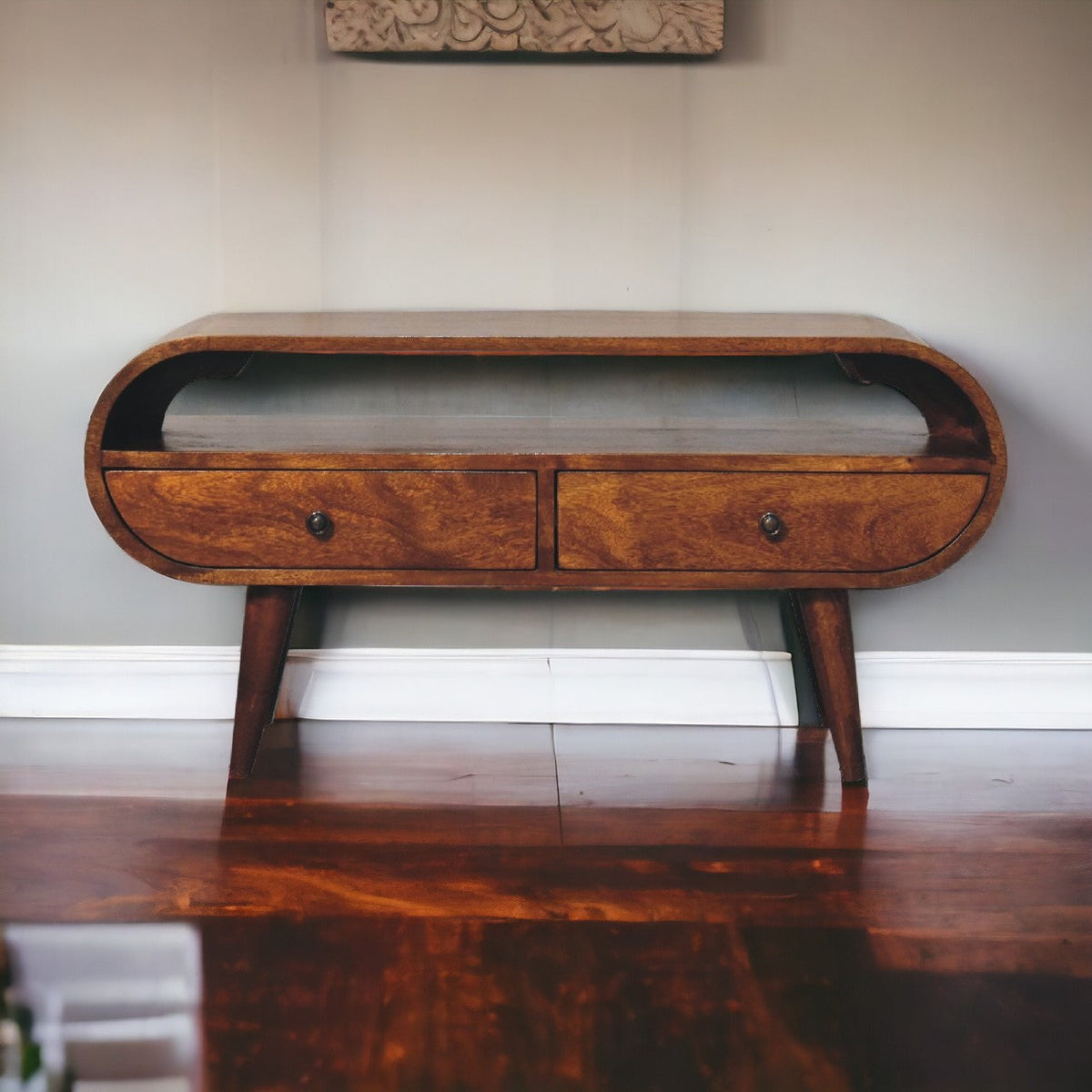 Chestnut Circular TV Stand, front view