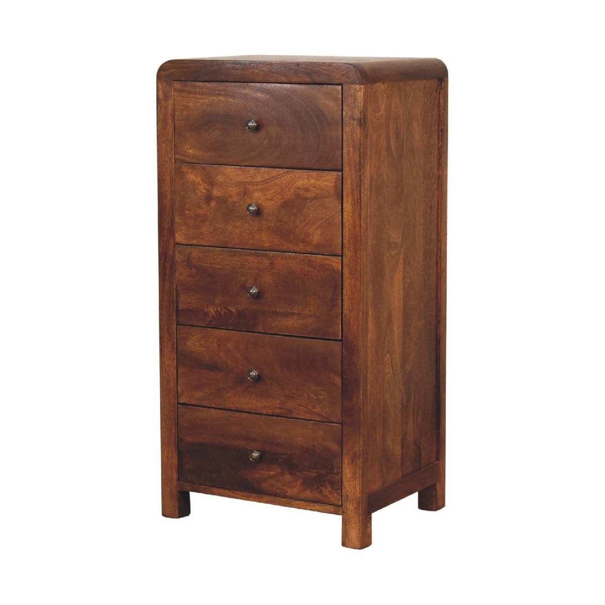 Close-up of the Chestnut Curved Storage Cabinet's rounded corners