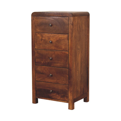 Close-up of the Chestnut Curved Storage Cabinet's rounded corners
