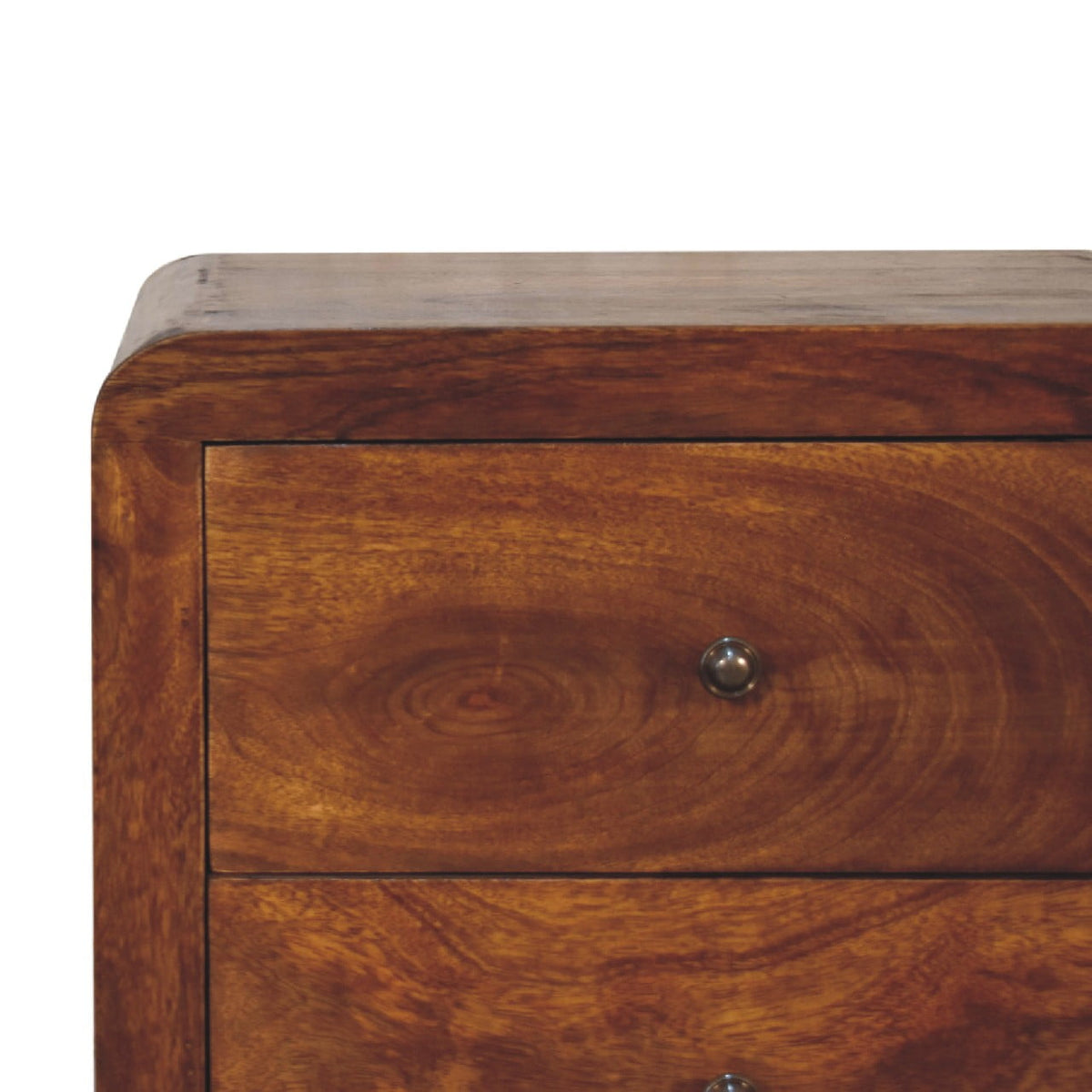 Chestnut Curved Storage Cabinet, drawer or door open showing storage space