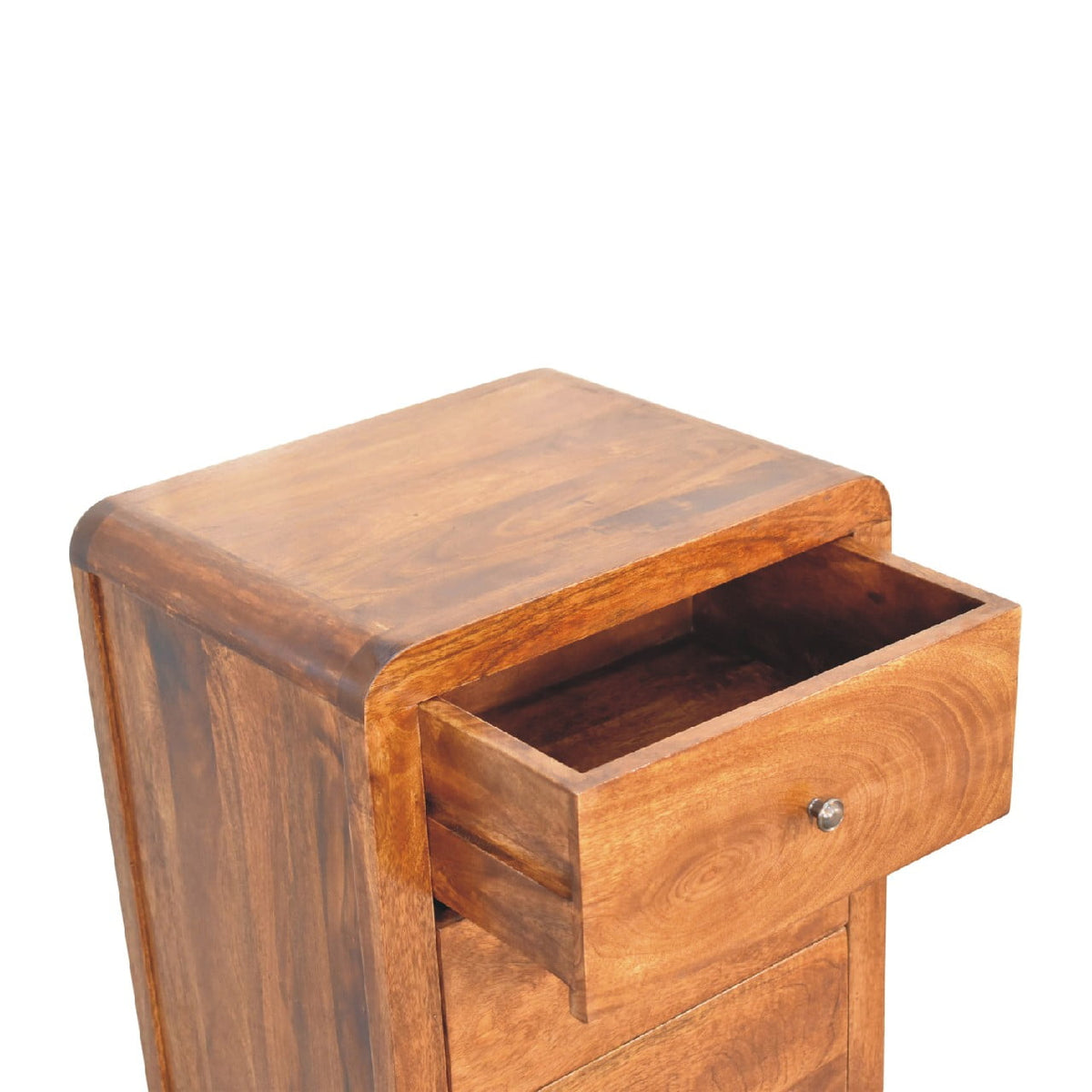 Chestnut Curved Storage Cabinet, top-down view