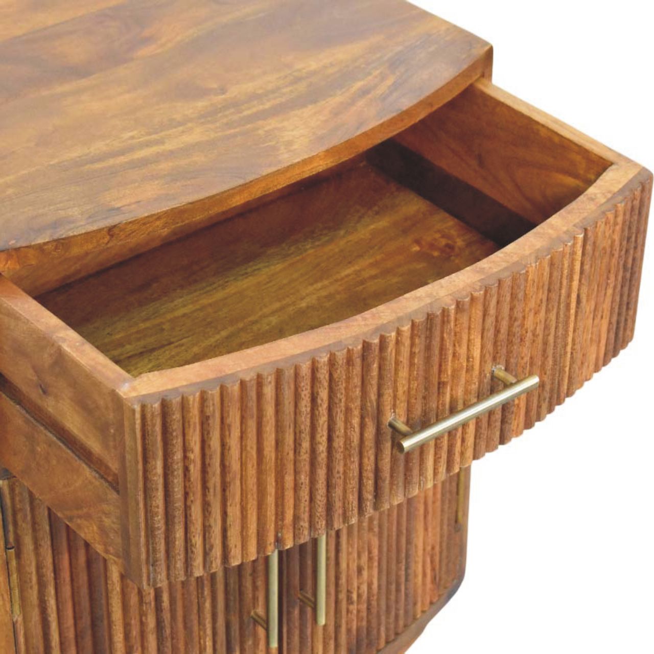 The Curved Amber Oak Mango Wood Bedside Table