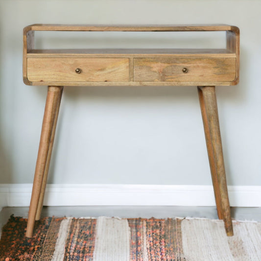 Curved Wood Console Table in oak-ish finish, front view