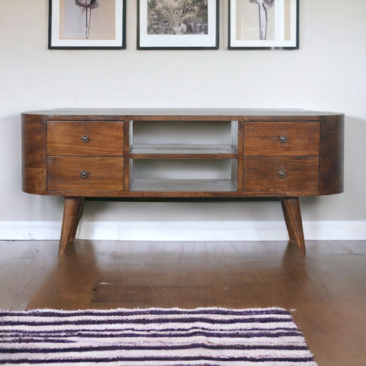 Chestnut Media Console Unit in solid mango wood, front view