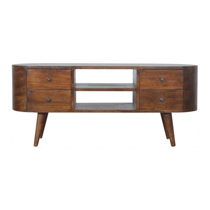 Chestnut Media Console Unit styled in a living room setting