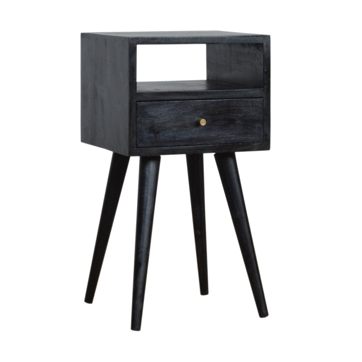 Close-up of the Ash Black Mini Bedside Table's drawer and knob