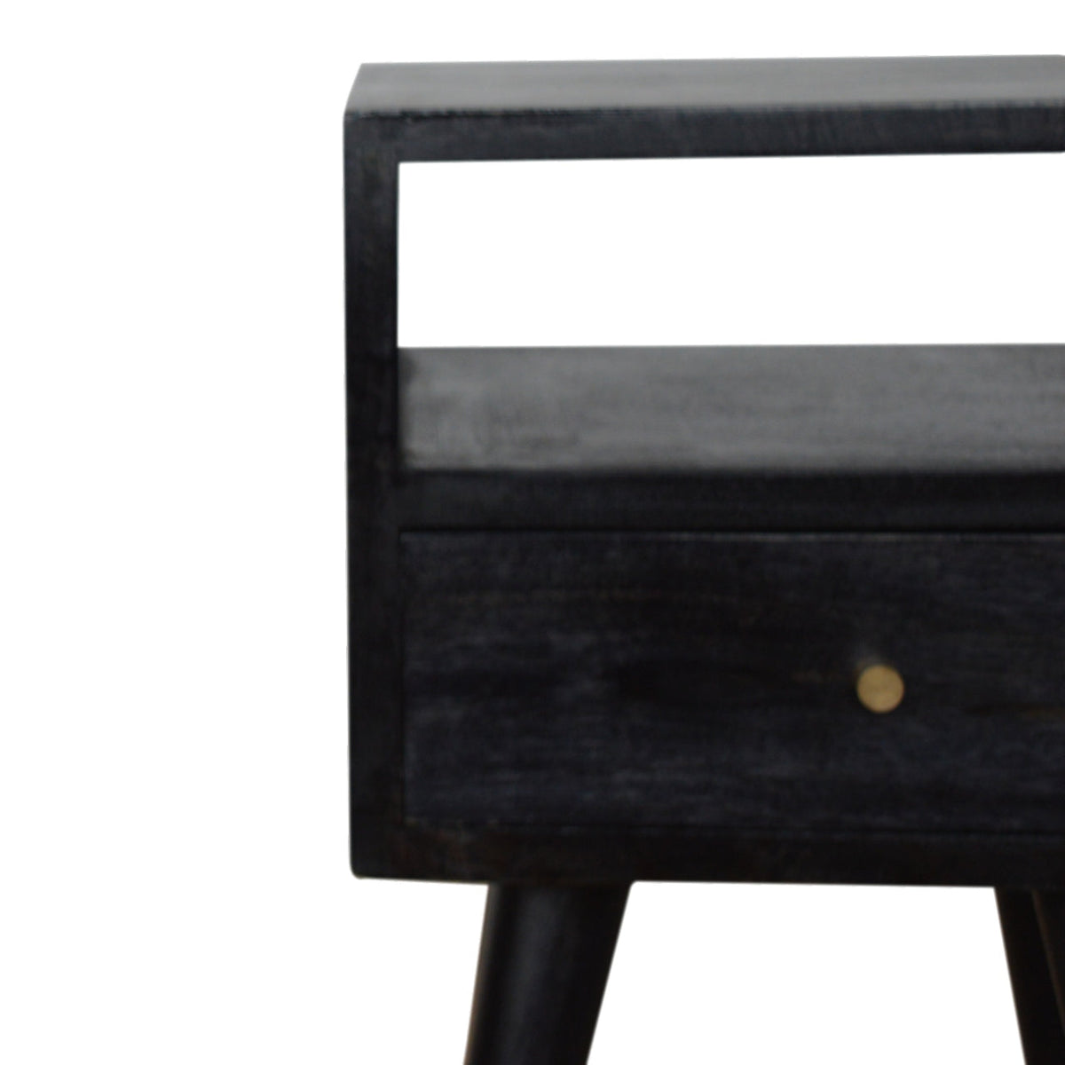 Ash Black Mini Bedside Table, drawer open showing storage space
