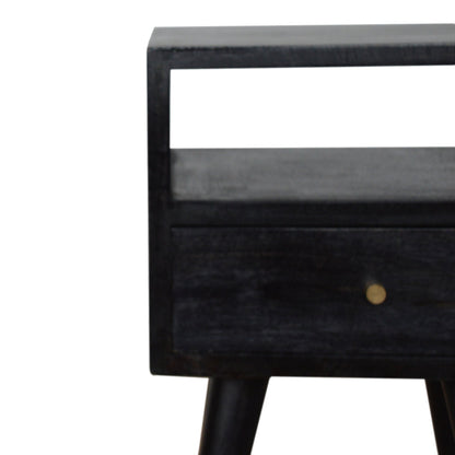 Ash Black Mini Bedside Table, drawer open showing storage space