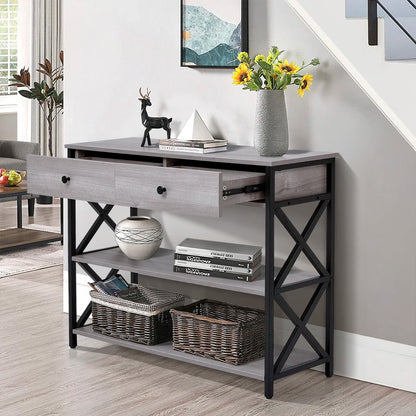 Rustic Grey Wooden Console Table with Drawers
