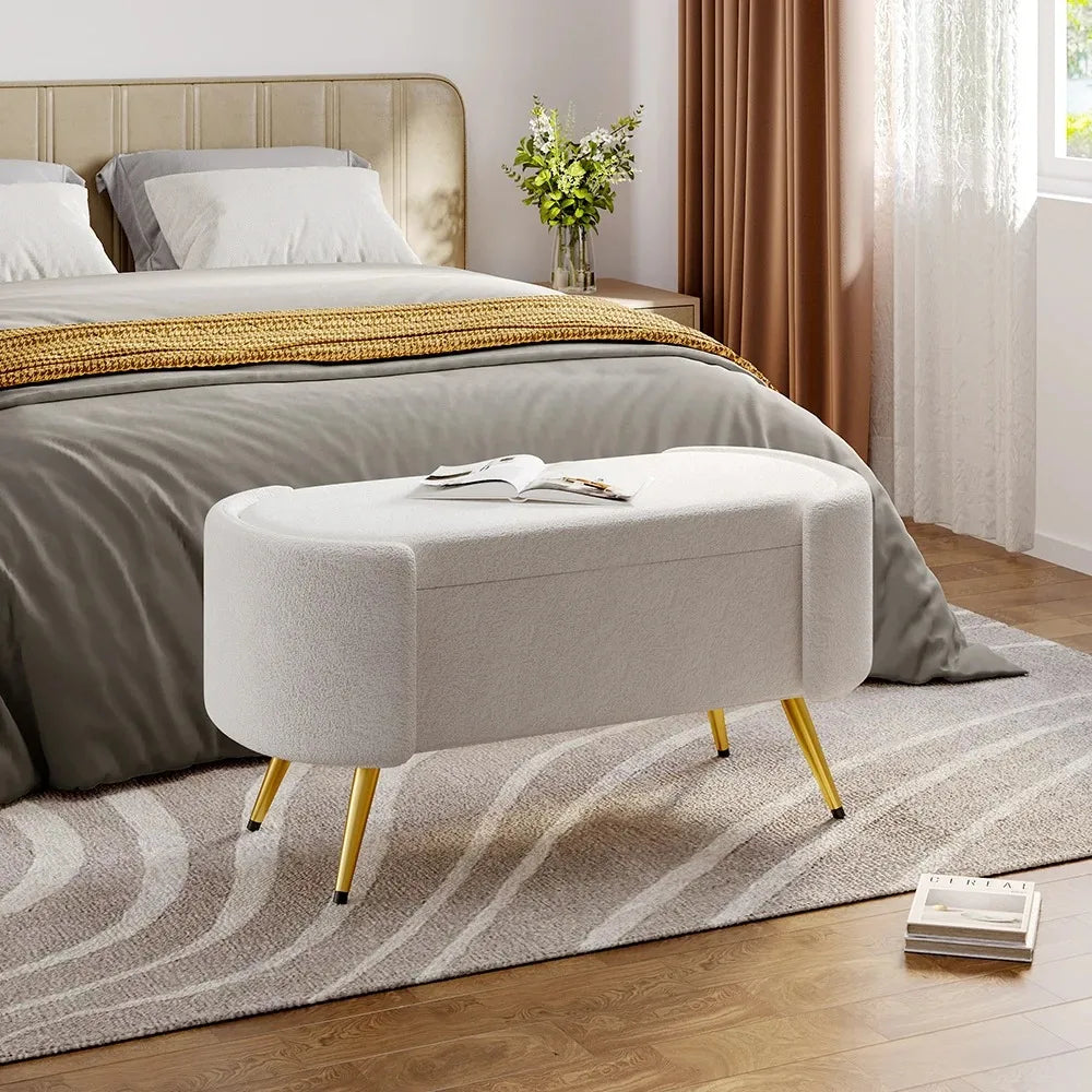 White Sherpa Upholstered Oval Bench